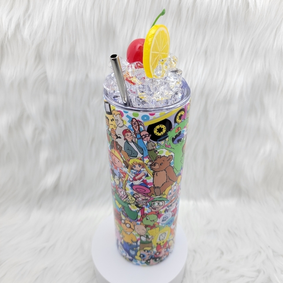 90s cartoons skinny tumbler drinking cup 20 Oz. with ice topper. - Picture 2 of 5